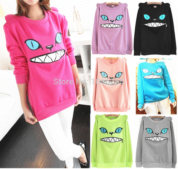 Zipper Smile Mouth Shoulder 3D Ear Cat Jumper Crew-neck Long Sleeve