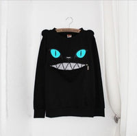 Zipper Smile Mouth Shoulder 3D Ear Cat Jumper Crew-neck Long Sleeve