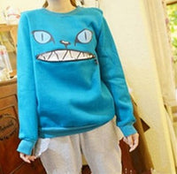 Zipper Smile Mouth Shoulder 3D Ear Cat Jumper Crew-neck Long Sleeve