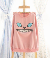 Zipper Smile Mouth Shoulder 3D Ear Cat Jumper Crew-neck Long Sleeve